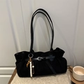 Minimalist black suede tote bag with stylish beaded tassel and silver buckle accent - No Pendant / Black