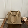 Minimalist khaki leather tote bag with golden twist lock and drawstring side details - Khaki
