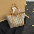 Vintage geometric print tote bag with brown faux leather trim and fashion label - Khaki