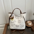 Veelzijdige crème canvas shopper met cartoon graffiti en bruine kunstlederen riemen - Zonder Hanger / Parelwit