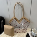 Transparente PVC-Tasche mit Kirschdruck und beigefarbener Innentasche, Winter-Set - Khaki