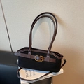 Minimalist winter crossbody bag in black suede and dark brown leather contrast - Black