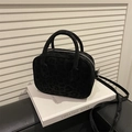 Retro black leopard texture shoulder bag with top handles and adjustable strap - Basic Style / Black