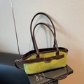 Olive green suede crossbody bag with dark brown leather trim and vintage gold buckle - Green