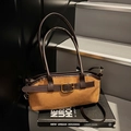 Retro faux suede baguette bag in dark brown and camel color block with gold buckle - Brown