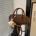 Borsa a mano leopardata marrone scuro con manici e un ciondolo in peluche morbido - Senza Pendente / Leopardo Marrone