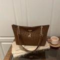 Borsa tote leopardata marrone scuro con catena dorata e ciondolo a forma di cervo - Marrone