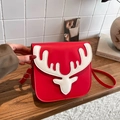 Chic red PU leather shoulder bag with white reindeer antler holiday theme design - Red and White