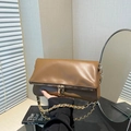 Brown leather crossbody bag with dual zipper detail and pale gold chain strap - Dark Brown