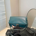 Deep green lychee leather underarm bag with gold chain strap and dual zippers - Blue