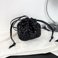 Chic black sequin drawstring bucket bag with a shimmering high-density reflective finish - Black