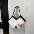 Pink and white gingham tote bag with a small coin purse and stylish V-cut top edge - Pink