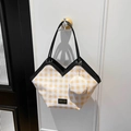 Yellow and white checkered tote bag with matching round pouch and black leather handles - Yellow