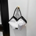 Chic grey plaid tote bag with V-shaped opening and matching round mini pouch - Gray