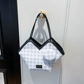 Blue and white plaid tote bag with V-shaped top and matching round coin purse detail - Blue