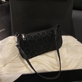 Classic black leopard print baguette shoulder bag with silver zipper and slim strap - Black Leopard / Black