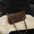 Dark brown leopard print faux suede underarm bag with zipper and silver hardware - Brown Leopard / Brown