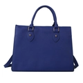 Classic navy blue tote bag in textured leather with gold metal hardware and top handles - Blue
