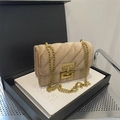 Beige velvet quilted crossbody bag with golden chain and luxury metal clasp detail - Khaki