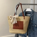 Dettaglio borsa tote in paglia intrecciata con tasca in pelle marrone e nastro in pizzo - Cachi