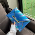 Chic holographic blue envelope clutch bag with golden metal buckle for women - Blue