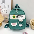 Green kids backpack with bear charm and cartoon animal prints for school - Green
