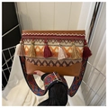 Bohemian crossbody bag with brown leather, ethnic tassels and wide geometric strap - Khaki
