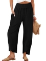 Women high waist black cotton linen trousers with elastic waist and lantern hem - S / Black
