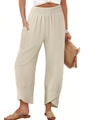 Detail of high waist elastic waistband and side patch pockets on beige linen pants - S / Off White