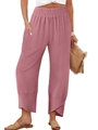 Detail of dusty pink linen wide leg pants with high elastic waist and tulip hem - S / Pink