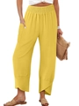 Detail of high waist elastic waistband and overlap tulip hem on yellow linen pants - S / Yellow