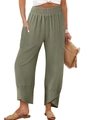 Detail of high waisted olive green cotton linen trousers with elastic waist and side pockets - S / Green