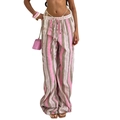 Pantaloni a gamba larga a righe verticali rosa e verdi da donna con vita elasticizzata - S / Rosa