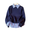 Felpa blu navy a righe con design a finto due pezzi e girocollo a costine per donna - S / Blu