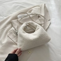 Bolso de mano de felpa blanco crema con cremallera plateada y correa de cuero fino - Grande / Blanco