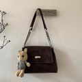 Dark brown suede shoulder bag with gold chain strap and cute beige rabbit charm decoration - Coffee With Pendant