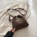 Dark brown plush handbag with teddy fleece texture and brown leather strap - Small / Brown