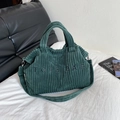 Dark green corduroy tote bag with black embroidery and detachable shoulder strap - Green
