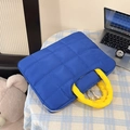 Blue quilted puffer laptop bag with vibrant yellow handles and zipper closure - Small / Blue