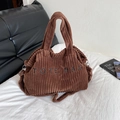 Brown corduroy tote bag with embroidered letters and adjustable strap for daily use - Brown