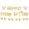 Golden glitter Happily Ever After wedding banner with pink paper butterfly decorations - Gold Banner & Pink Butterfly
