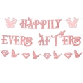 Pink glitter Happily Ever After banner with decorative butterfly and diamond cutouts - Pink Banner & Pink Butterfly