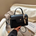 Structured black leather baguette bag with retro wooden beads and a gold magnetic clasp - With Pendant / Black