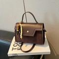 Dark brown vintage baguette bag in smooth leather and suede with a beaded charm - Coffee (With Pendant)