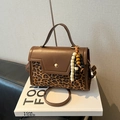Vintage brown baguette bag with leopard print side panels and wood bead charm - With Pendant / Leopard Print
