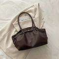 Dark brown pleated tote bag with lychee texture leather and a gold square buckle - Brown