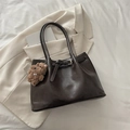 Deep coffee brown leather tote bag with elegant teddy bear charm and soft oil finish - Coffee With Pendant