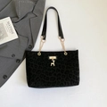 Leopard print velvet tote bag with golden deer charm and elegant chain straps - Black