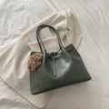 Dark green leather tote bag with vintage matte finish and cute plush bear charm accessory - Green with Charm