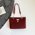 Leopard print velvet tote bag in burgundy with gold deer pendant and chain strap - Red